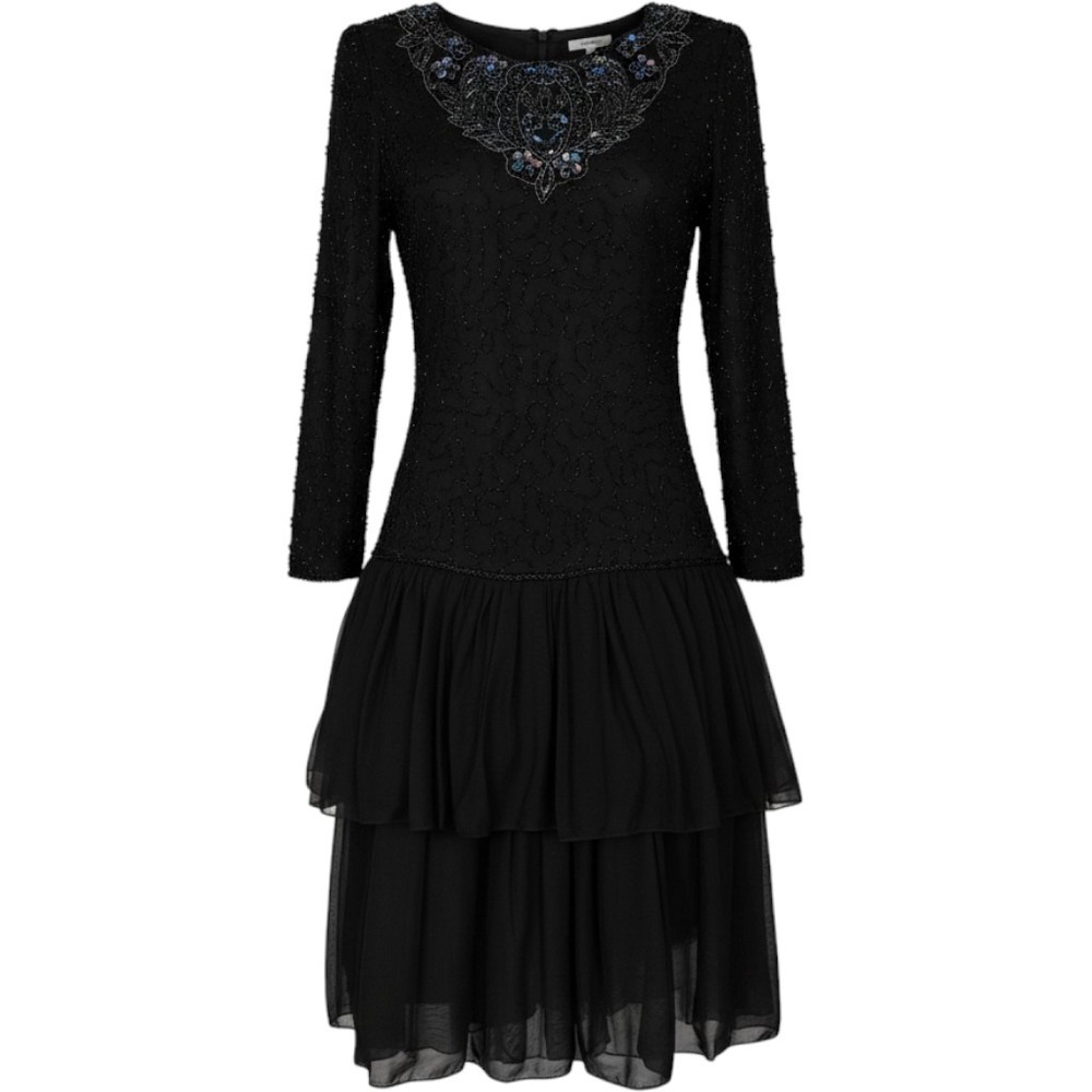Vintage Black Silk Beaded Sequin Long Sleeve Drop Waist Evening Dress SZ Small